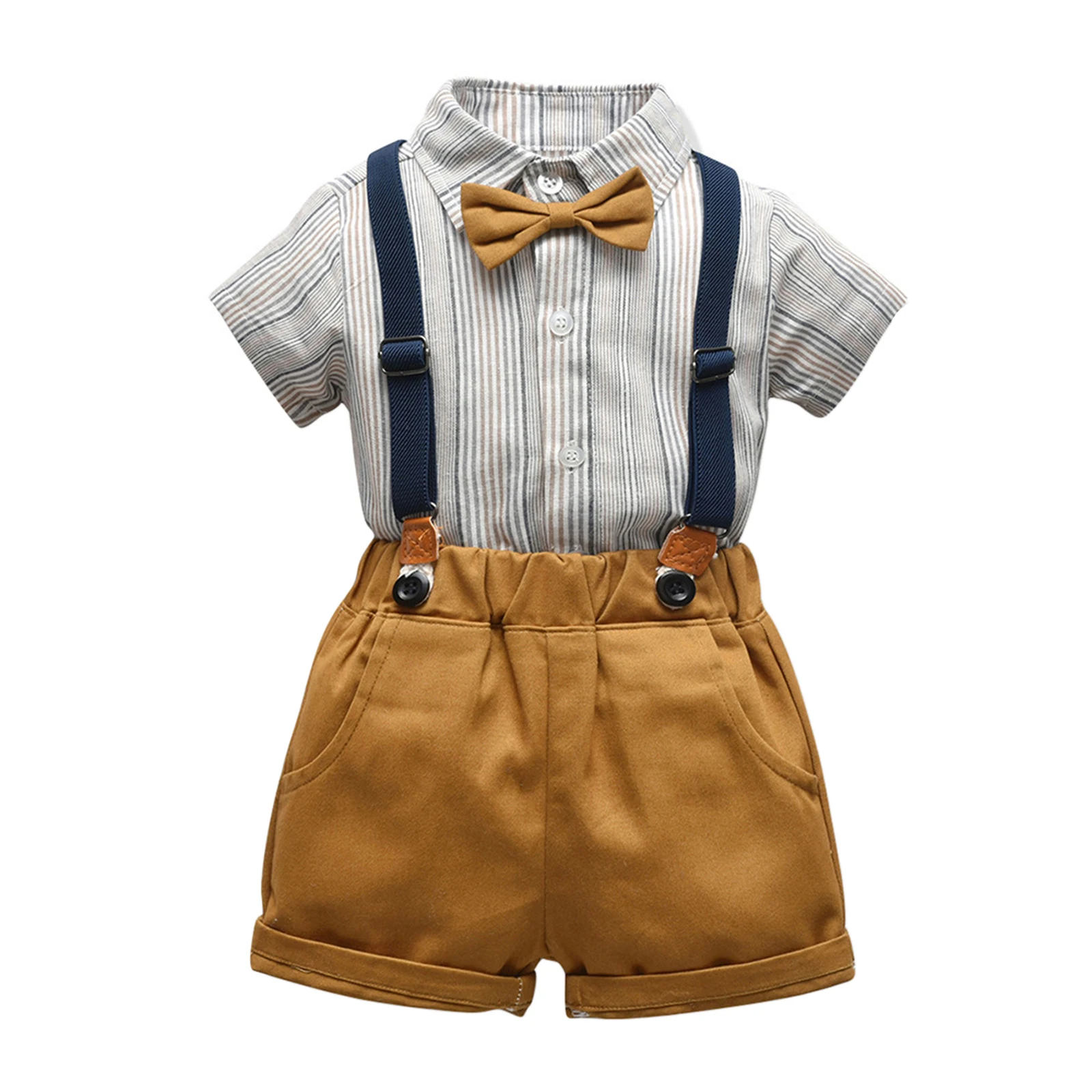 

New Toddler Kids Boys 2 Pieces Outfits Stripe Short Sleeve Bow-Tie Shirts + Suspender Bib Shorts Summer Gentleman Set 6 M-6 Y