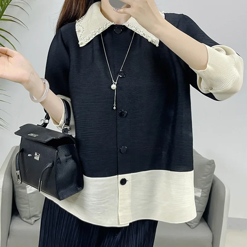 

2024 New Miyake Pleated Casual Beading Contrast Color Three-quarter Sleeve Shirt Top Women's Loose and Versatile Cardigan