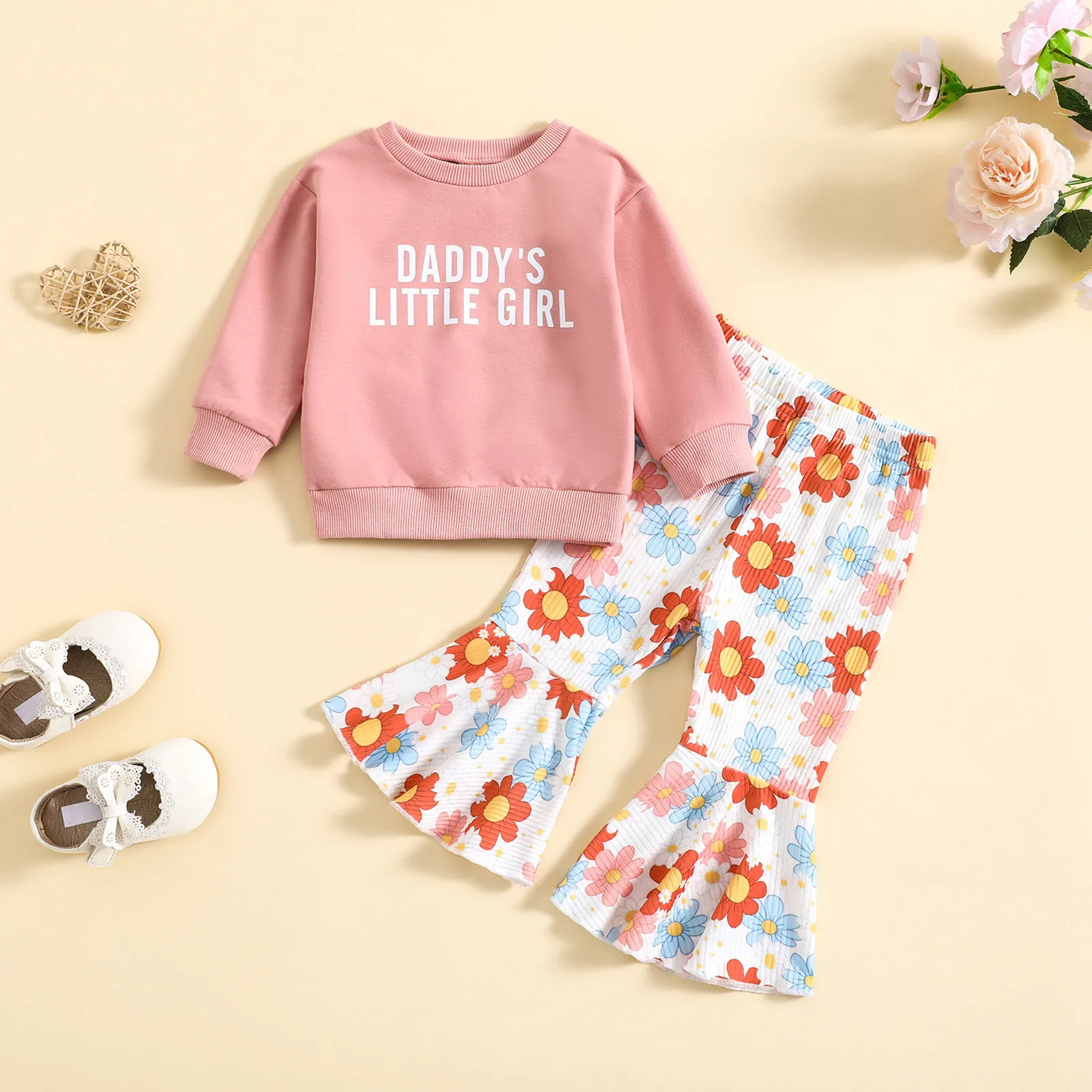 

1 2 3 4Y Toddler Kids Girls Lovely Clothes Sets 2pcs Letter Pullover Sweatshirt Tops+Sunflower Print Flare Pants Two Pieces Sets