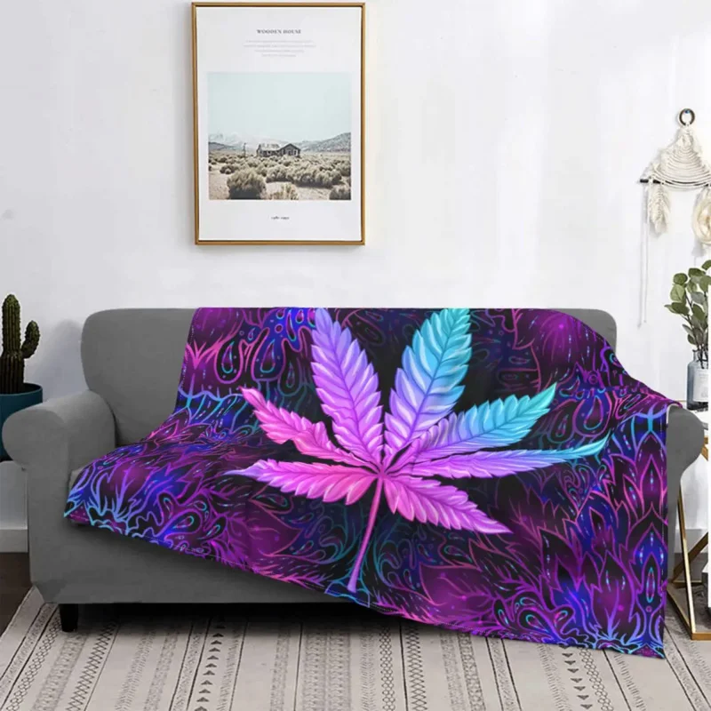 

Neon Cannabis Leaves Knitted Blankets Fleece Marijuana Weed Leaf Ultra-Soft Throw Blanket for Bed Rug