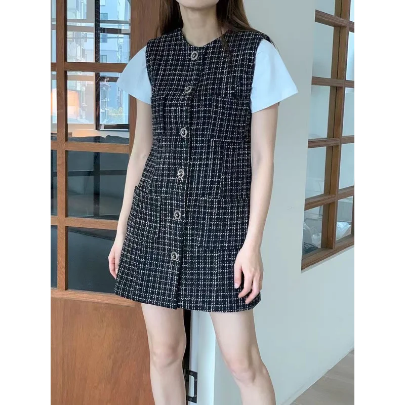 

Korea Chic Casual Black Plaid Dress Women Sleeveless Round Neck Tweed Casual Single-breasted French Small Fragrance Short Dress