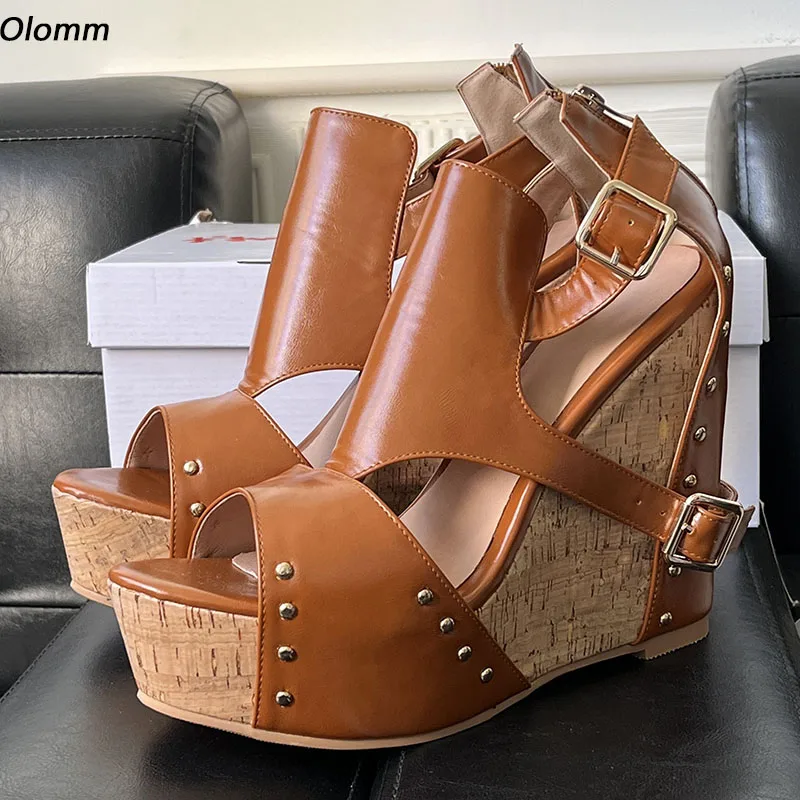 

Olomm New Women Gladiator Platform Sandals Buckle Strap Wedges Heels Open Toe Beautiful Brown Casual Shoes US Plus Size 5-20