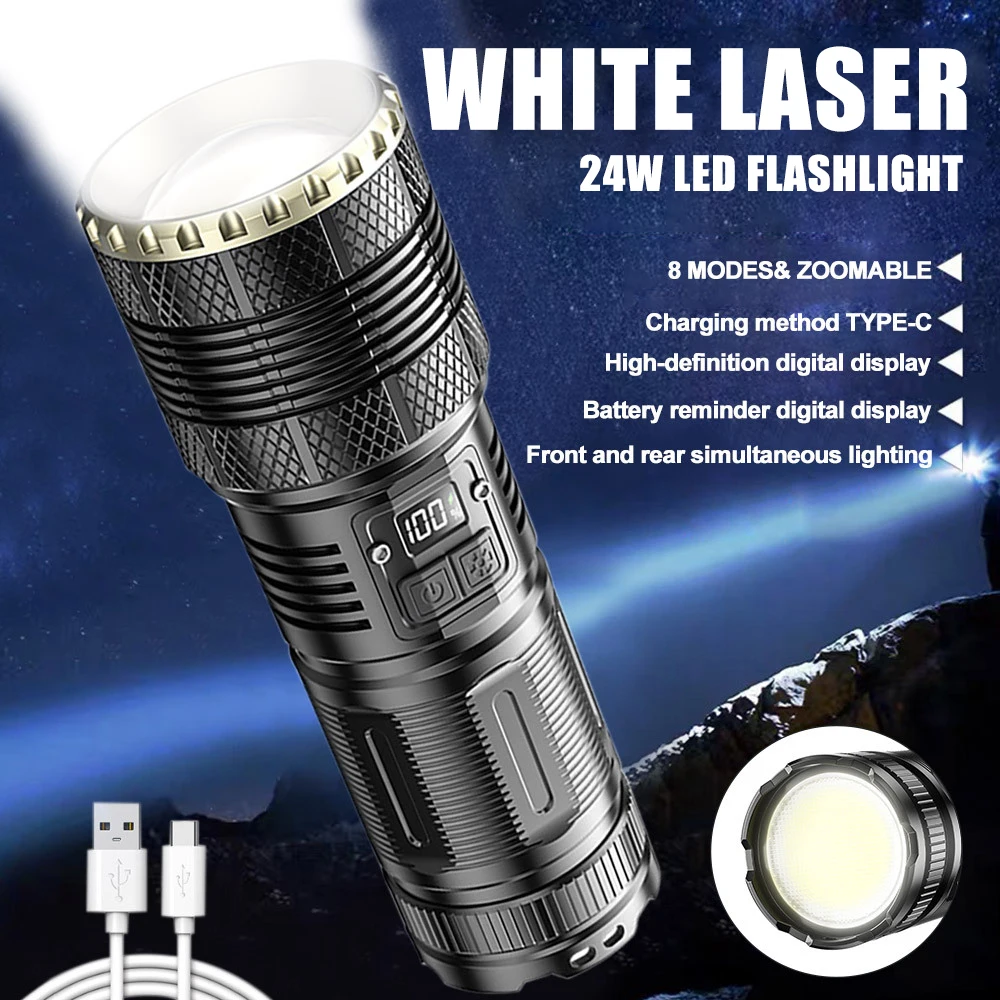 Powerful 24W LED Flashlight 1500M Long-range Tactical Zoom Torch 7800Mah Built-in Battery White Laser Spotlight Camping Lantern
Powerful 24W LED Flashlight 1500M Long-range Tactical Zoom Torch 7800Mah Built-in Battery White Laser Spotlight Camping Lantern