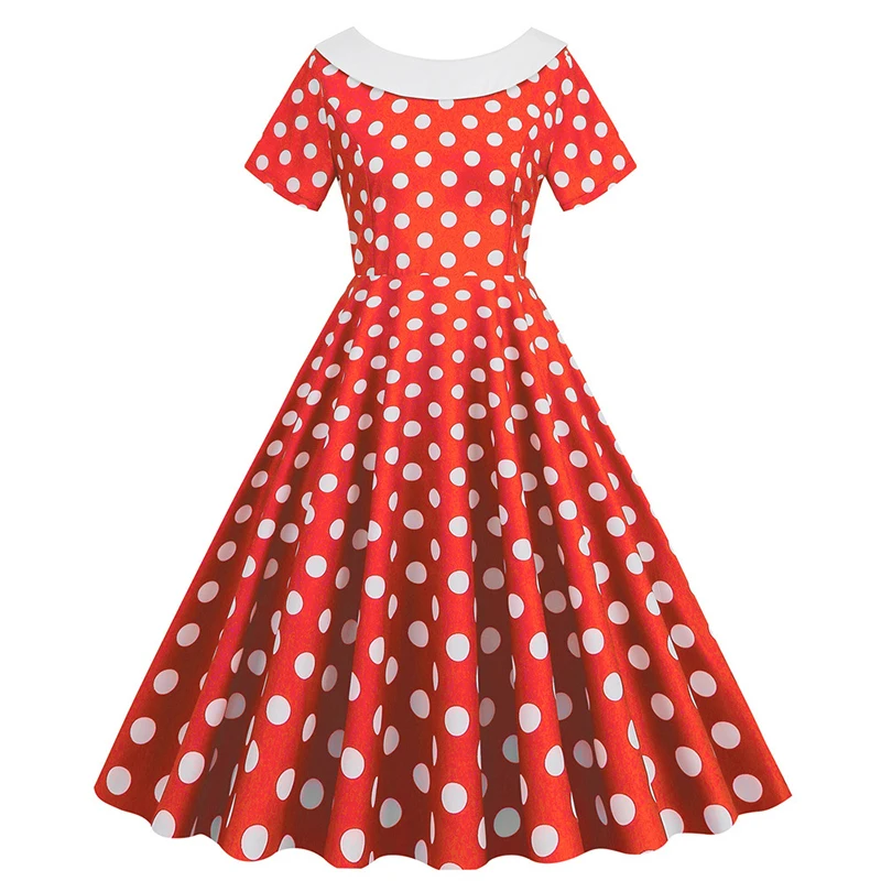 

2023 Summer Fashion Women Short sleeve O Neck Bow Polka Dot Printed Casual Party A Line Skater Swing Vintage dress