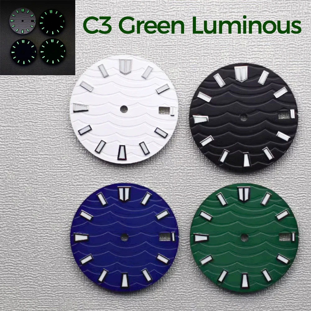 Циферблат для часов 28,5 мм C3, зеленые светящиеся циферблаты для часов с волнообразным узором, Сменные аксессуары для часов NH35/ NH36/ NH34
Циферблат для часов 28,5 мм C3, зеленые светящиеся циферблаты для часов с волнообразным узором, Сменные аксессуары для часов NH35/ NH36/ NH34