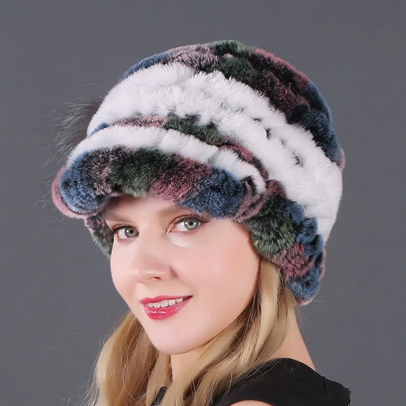 

Russian Real Rex Rabbit Hair Hat Women's Winter Warm 100% Natural Fur Duck Tongue Hat Girl Fox Hair Thickened