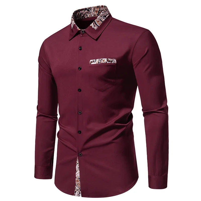 

Wine Red Hit Color Paisley Tuxedo Shirt Men 2024 Brand Slim Fit Long Sleeve Button Down Dress Shirts Men Formal Business Shirt