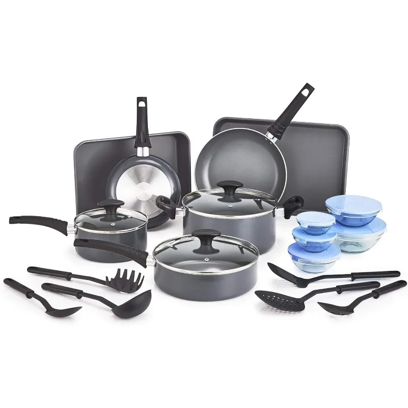 

BELLA Nonstick Cookware Set with Glass Lids - Aluminum Bakeware, Pots and Pans, Storage Bowls & Utensils, Compatible