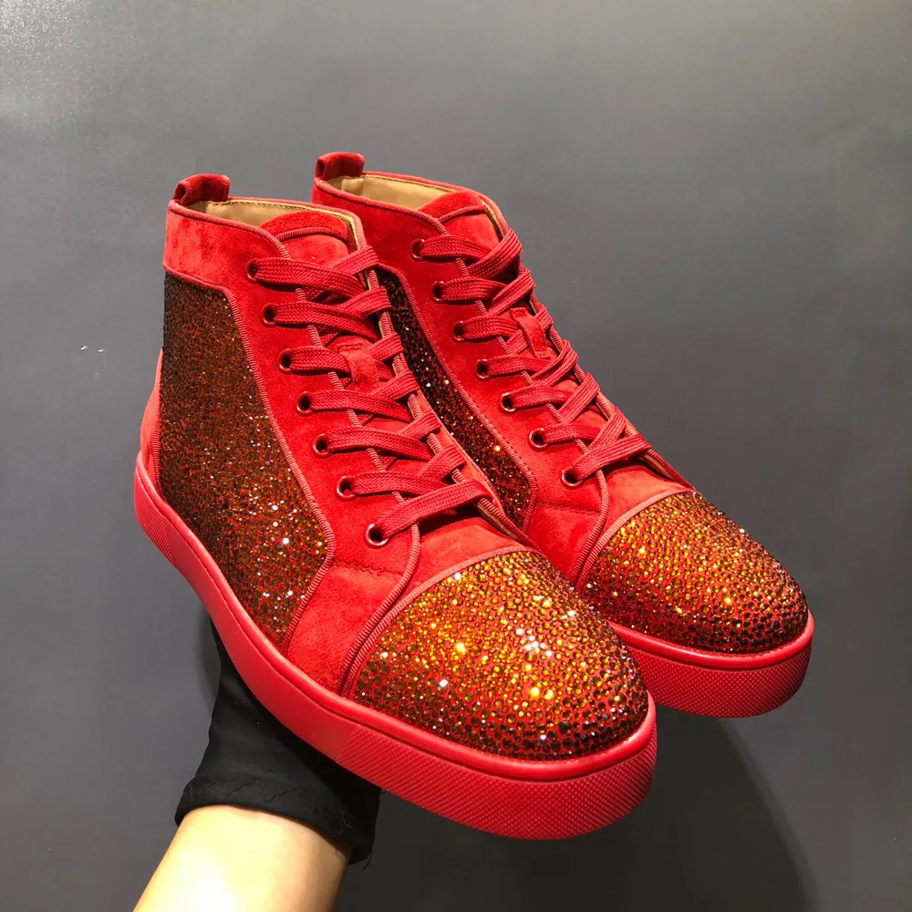 High Top Red Real Leather Shiny Crystal Red Bottom Shoes For Men Diamonds Casual Flats Loafers Wedding Sneakers Women Spikes
High Top Red Real Leather Shiny Crystal Red Bottom Shoes For Men Diamonds Casual Flats Loafers Wedding Sneakers Women Spikes