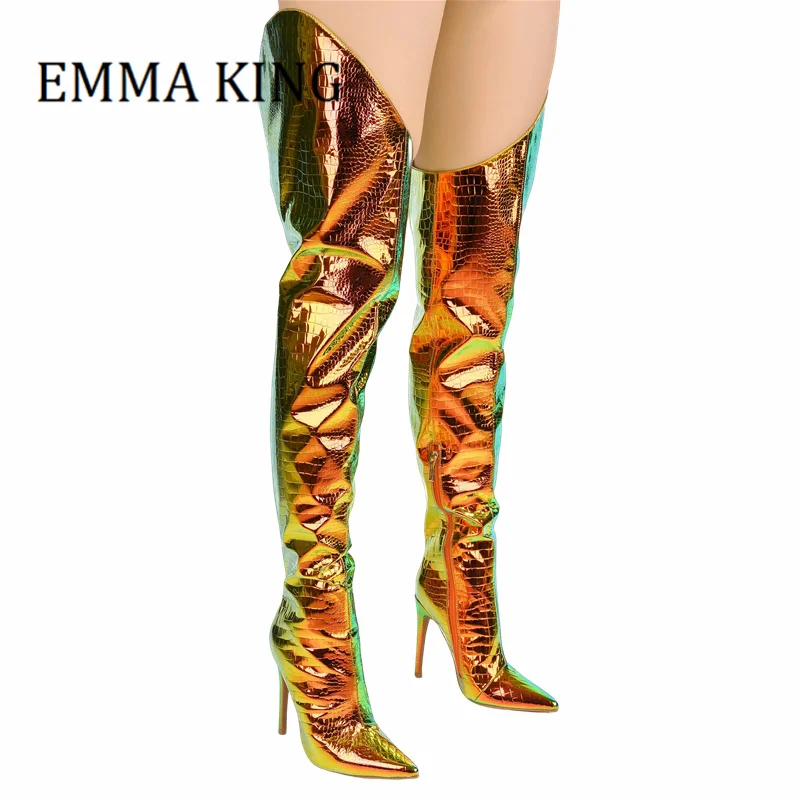 

Women Metallic Leather Thigh High Boot Ladies Laser Crocodile Pattern Stiletto Heel Western Boots Sexy Pointed Toe Knight Boots