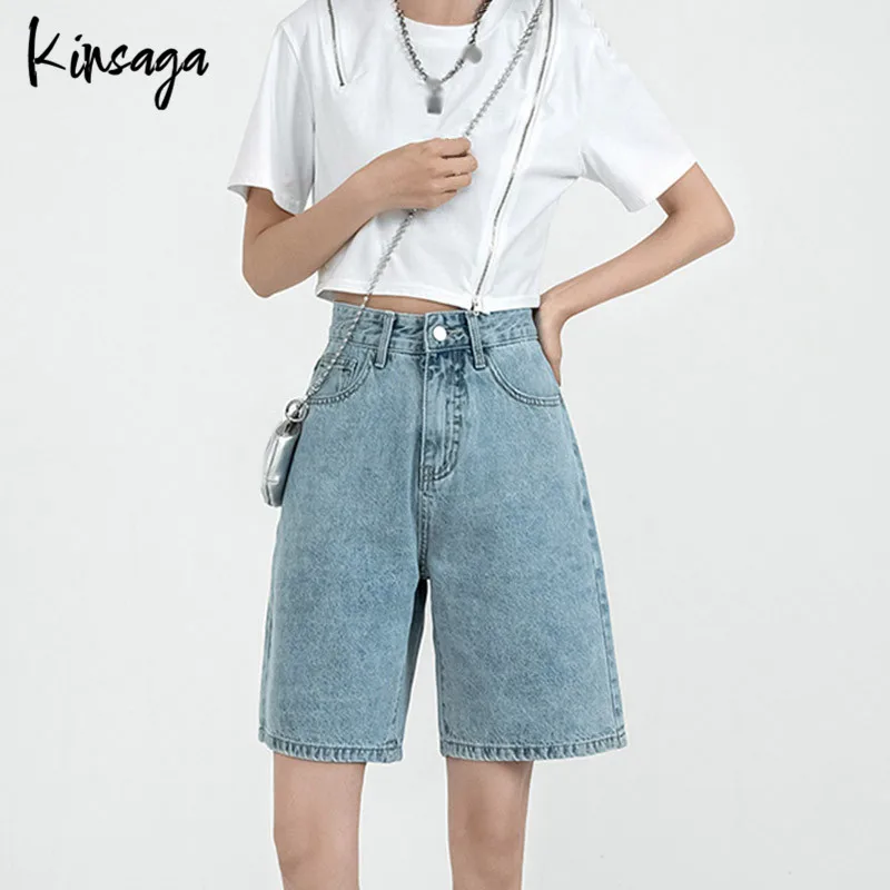 

Grunge Fifth Demin Shorts Women Slouchy High Street White Straight Leg Five Point Short Jeans Pants Chic Half Capris Trousers