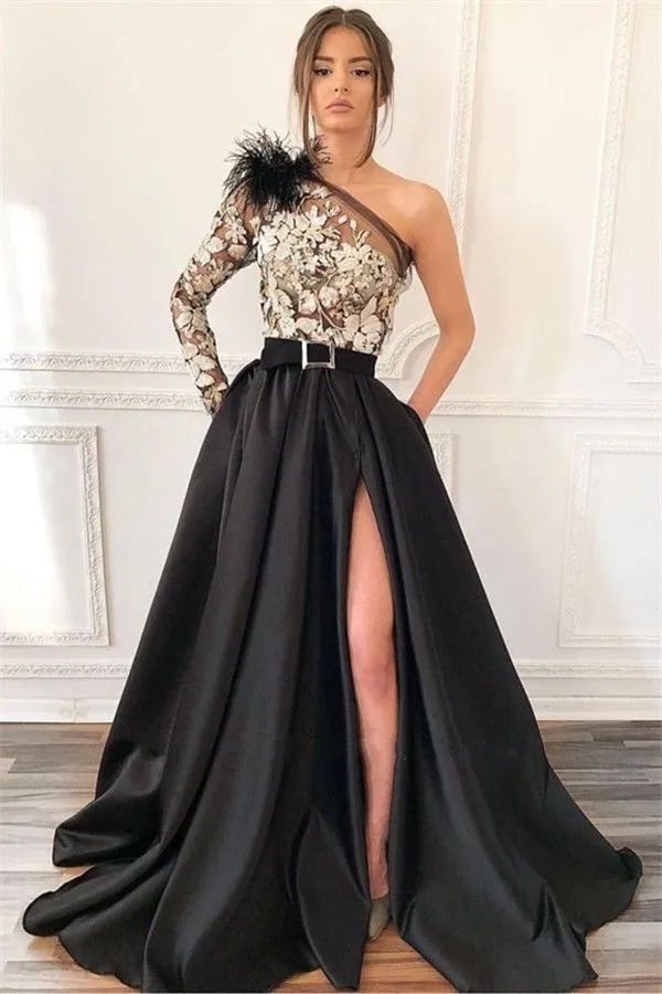 Black Evening Dress One Shoulder Full Sleeves with Feather Lace Applique with Belt A Line Satin Long Prom Party Gowns
Black Evening Dress One Shoulder Full Sleeves with Feather Lace Applique with Belt A Line Satin Long Prom Party Gowns