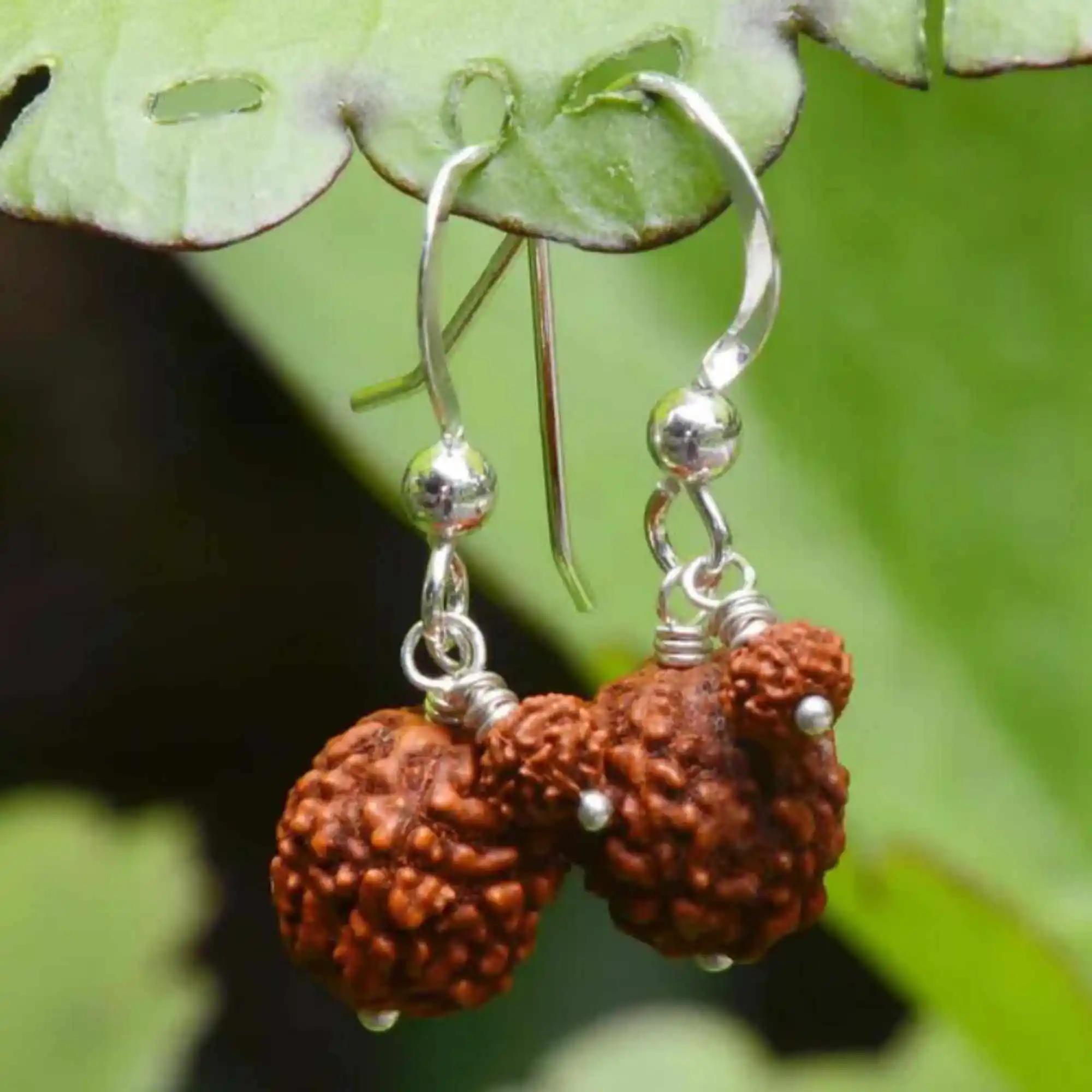 

Fashion natural Double brown round Rudraksha silver earrings Christmas Beautiful Mother's Day Cultured Accessories Holiday gifts