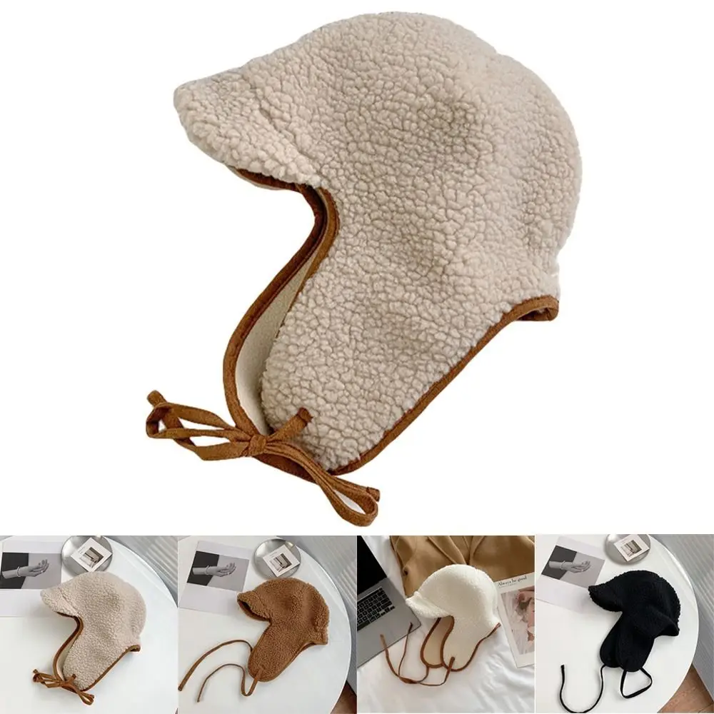 

Thick Warm Girls Bomber Cap Solid Color Ear Protection Windproof Fluffy Fur Hat Lamb Wool Bib Hat Autumn Winter