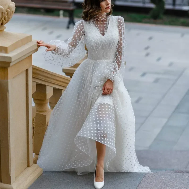 

Женское платье в пол, элегантное белое платье в горошек с О-образным вырезом и пышными рукавами, женское модное Сетчатое повседневное ТРАПЕЦИЕВИДНОЕ длинное платье для свадьбы