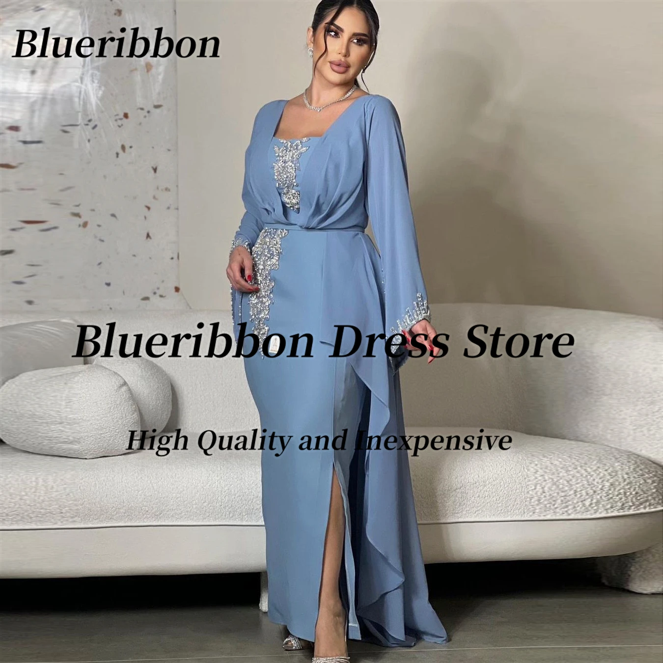 

Blueribbon Saudi Arabia Dubai Evening Dresses Long Sleeves Beaded Prom Dress Mermaid Side Slit Wedding Party Women Wear Vestidos