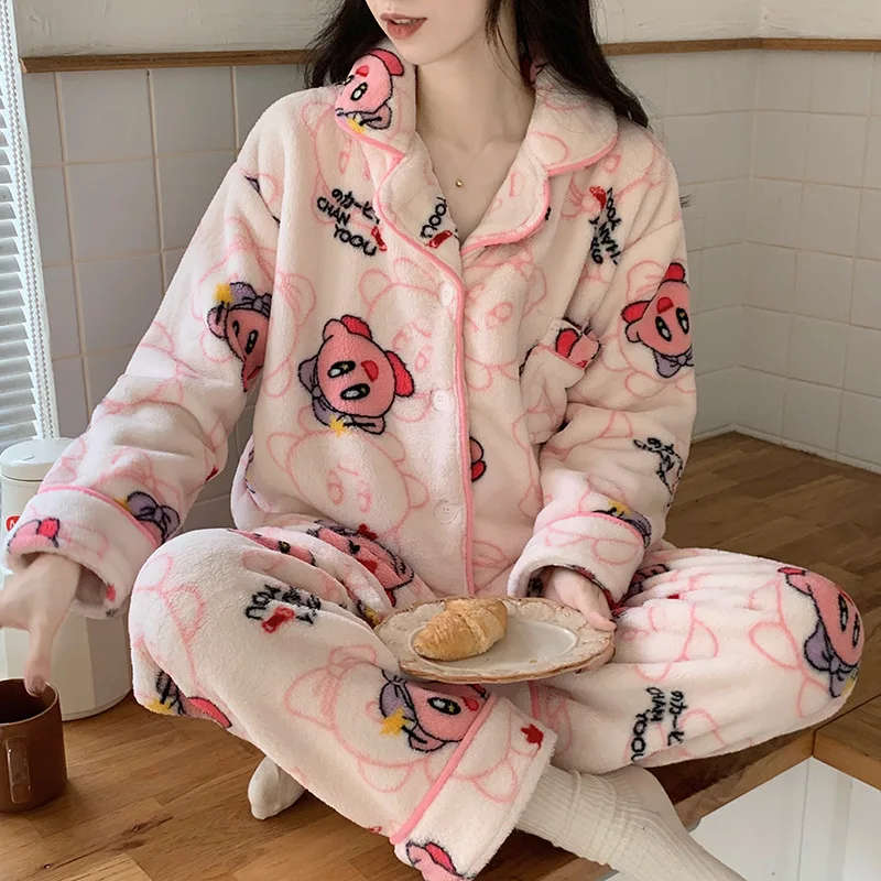 

Cartoon Winter Plush Sleepwear Kirby Leisure Fashion Coral Velvet Pajamas Sweet Cute Giris Household Clothes Christmas Gift