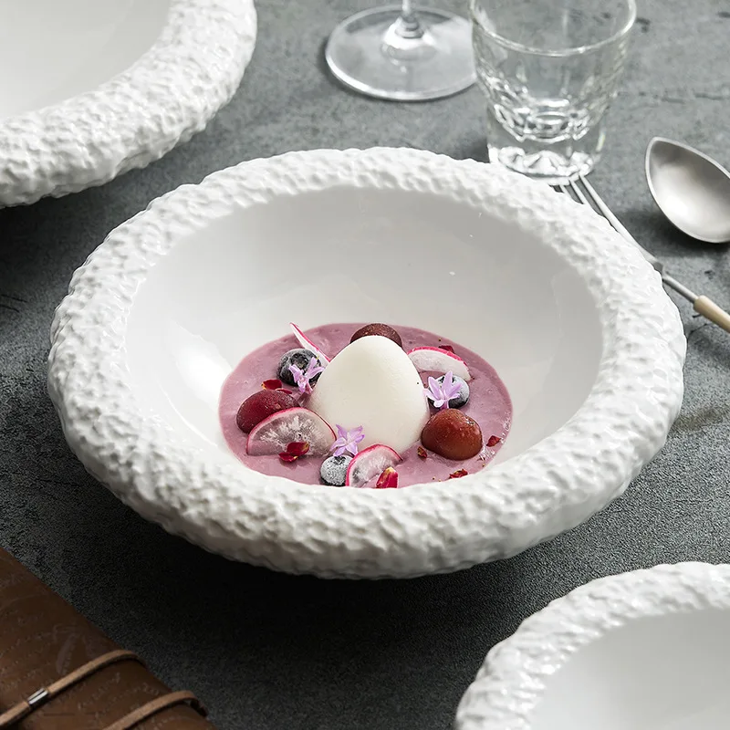 

Rock Pattern Deep Household Ceramic Soup Bowl Creative Characteristic Hotel High-Grade Cold Dish Bowl Salad Bowl Swing Plate