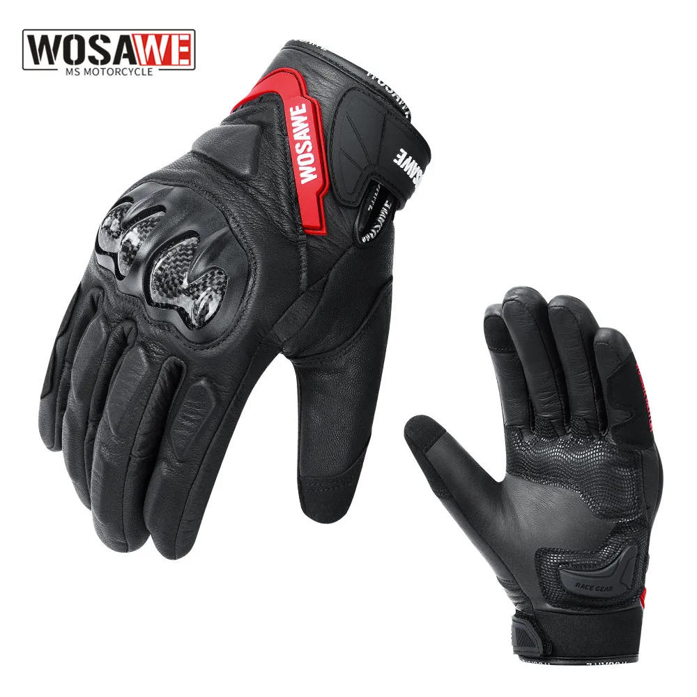 

WOSAWE Leather Motorcycle Gloves Full Finger Motorbike Equipment Women Men Black ATV Rider Sports Protect Glove Guantes