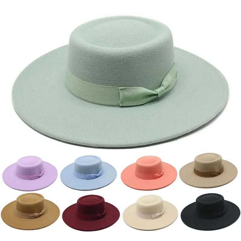 

Wholesale Flat Brim Jazz British Ladies Solid Jewish Dome Men Blue Bowknot New Fedora Hats Wool Women Beats Felt Wide Brim