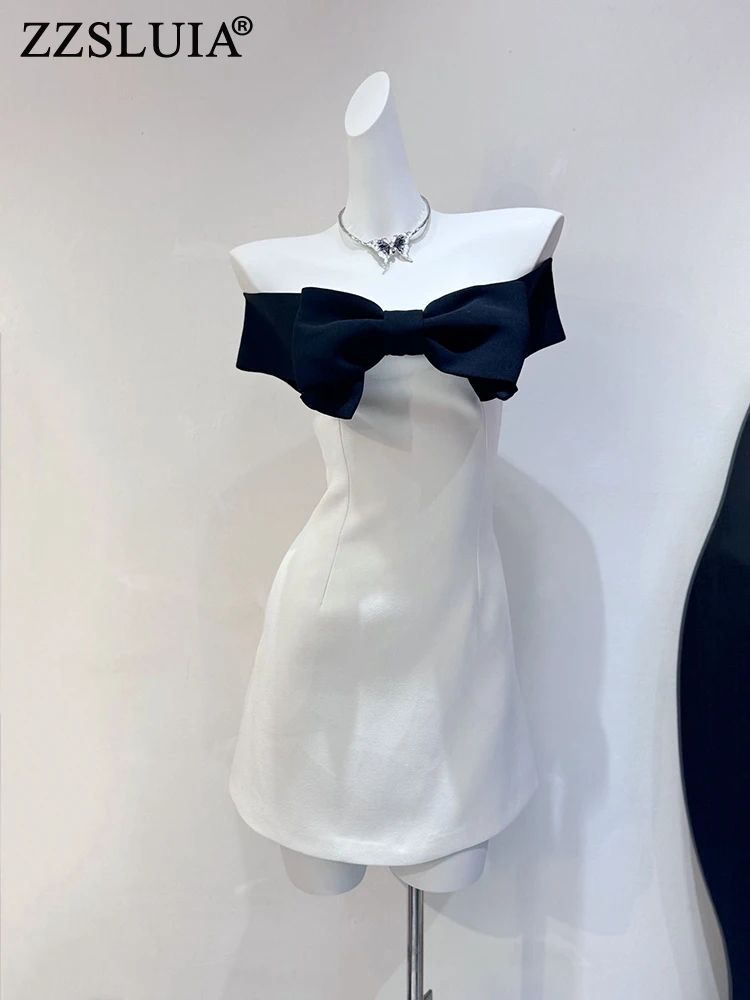 

ZZSLUIA Slash Neck Off Shoulder Mini Dresses Bow Patchwork Designer Slim Dress Fashion Elegant France Dresses Female Clothing