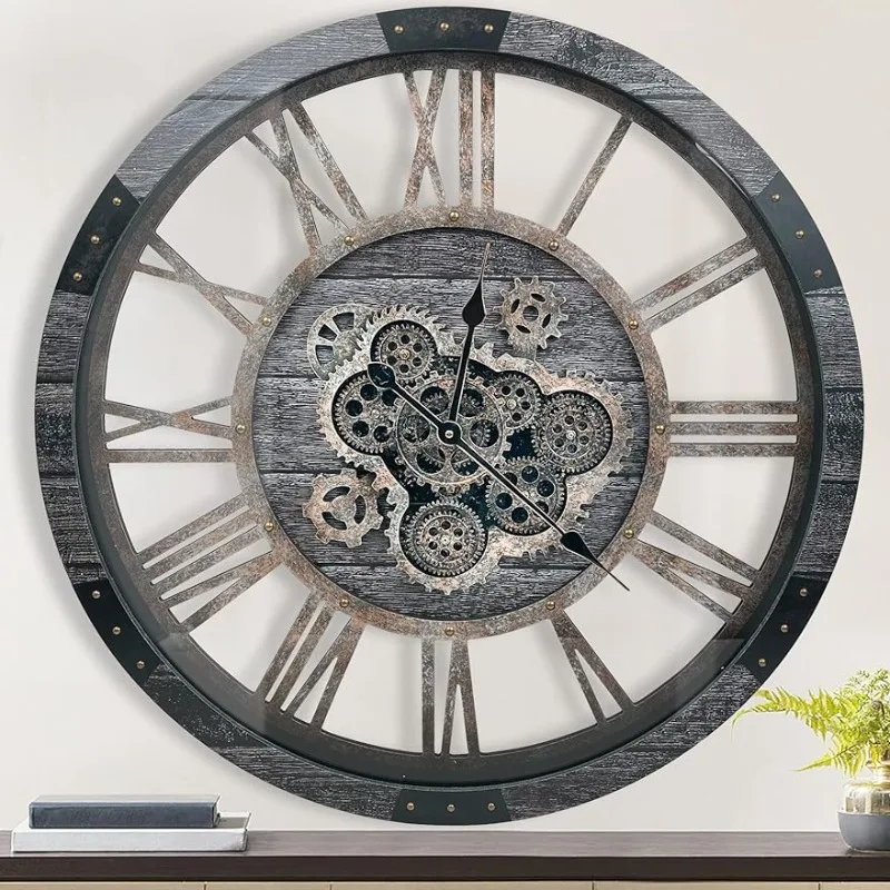 

27 Inch Large Real Moving Gears Wall Clocks for Living Room Decor Oversized Vintage Wall Clock Rustic Industrial Farmhouse Wood