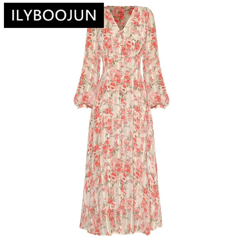 

ILYBOOJUN Fashion Designer dress Spring Women's V neck Lantern Sleeves Floral Print Elegant Vacation Party Long Dresses