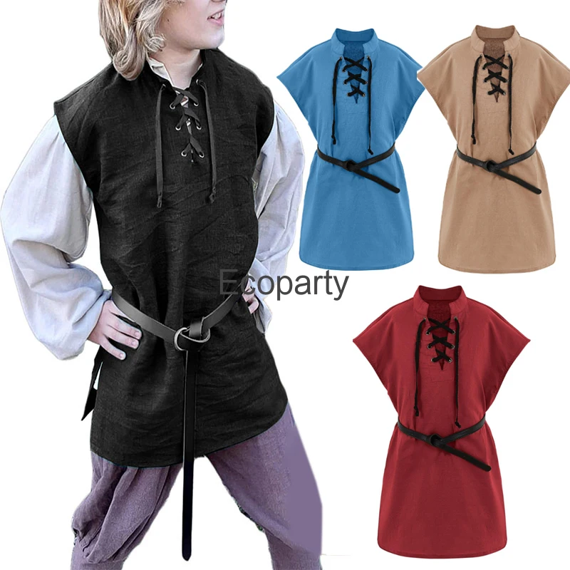 

Children Medieval Viking Pirate Cosplay Costume Renaissance Retro Lace Up Tunic Tops Warrior Shirt Boys Carnival Party Outfits