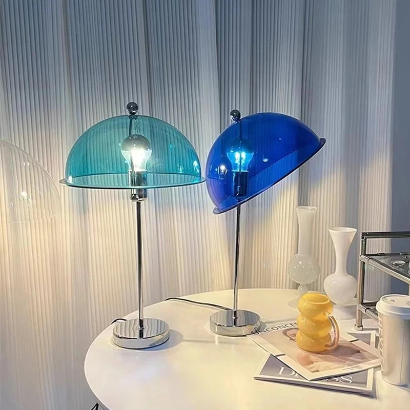 

Vintage Acrylic LED Table Lamp Colored Lampshade Floor Lamp For Dining Room Bedroom Coffee Hotel Chrome Mushroom Standing Light