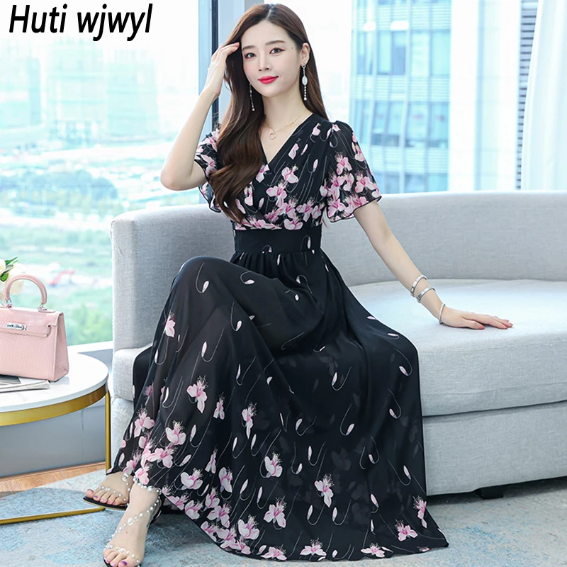 

Women Black Floral Chiffon V-Neck Sexy Maxi Dress Summer Casual Boho Beach Sundress 2024 Elegant Vintage Bodycon Party Vestidos