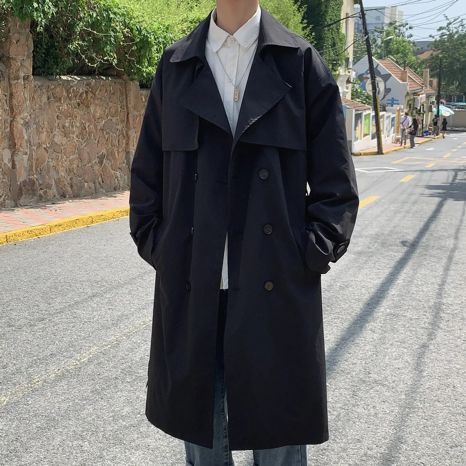 

2023Korean style Spring Trench Coat Male Streetwear Windbreaker Trenchcoat Men Solid Business Casual Loose Long Overcoat
