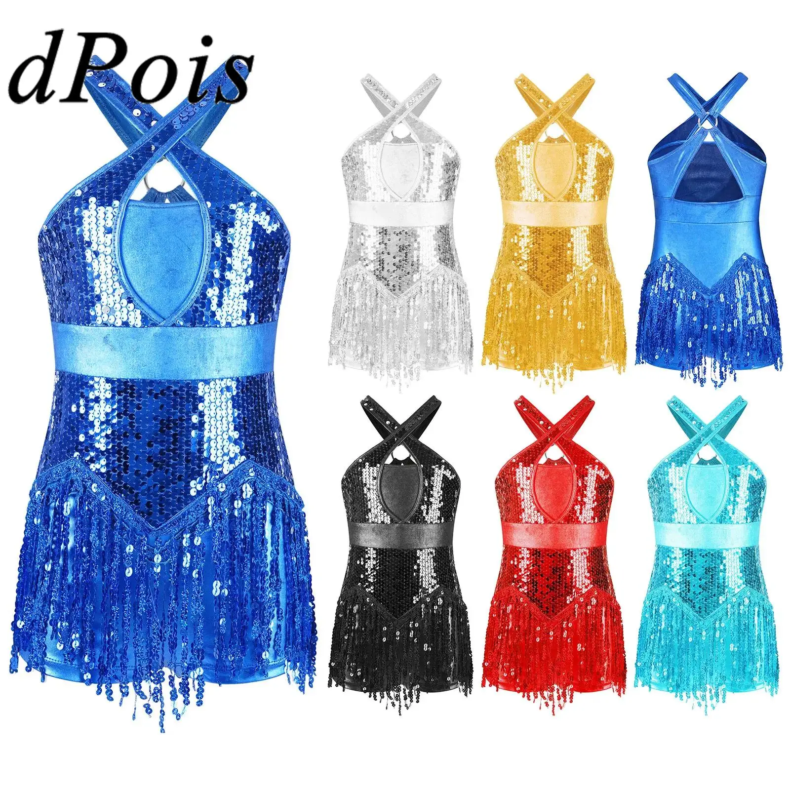 

Kids Girls Sparkly Sequins Latin Dance Fringed Bodysuit Tassel Leotard Cha-Cha Performance Costume Tango Dancing Jazz Dancewear