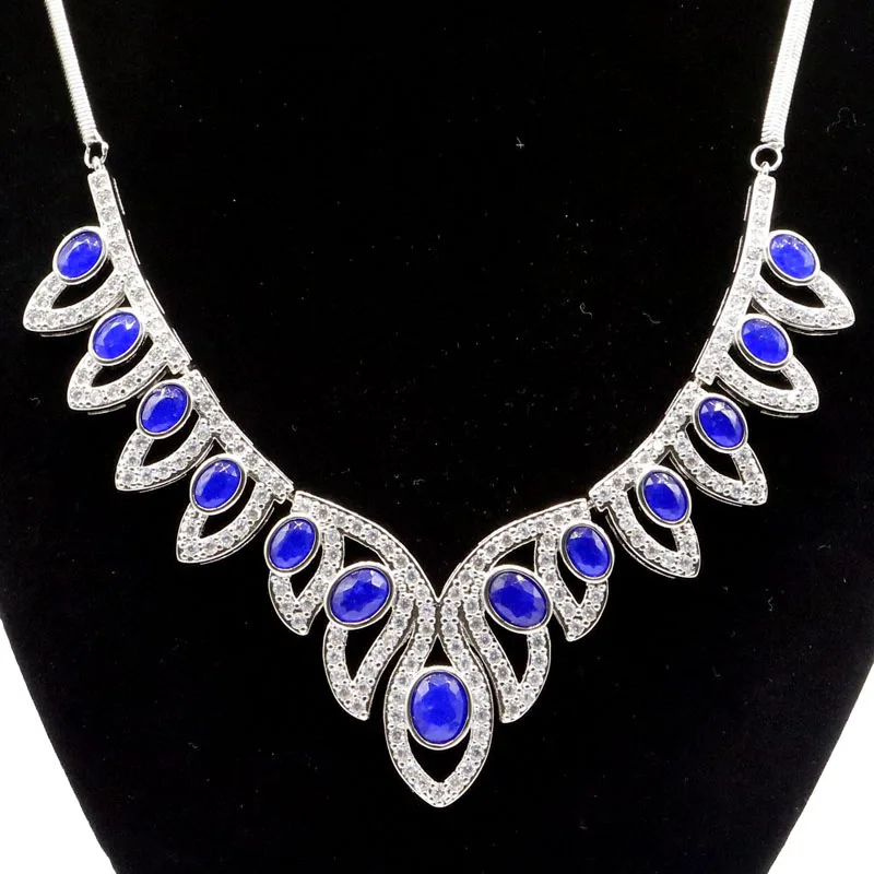 

86x33mm Delicate Fine Cut 32g Real Blue Sapphire Fire Rainbow Mystical Topaz CZ Women Dating Silver Necklace 18-18.5inch