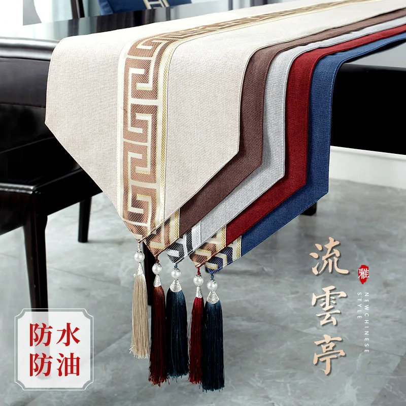 

Chinese Style Table Flag Waterproof Oil Resistant Tassel Table Runner Tea House Tea Towels Zen Tea Table Cloth Hotel Bed Flag