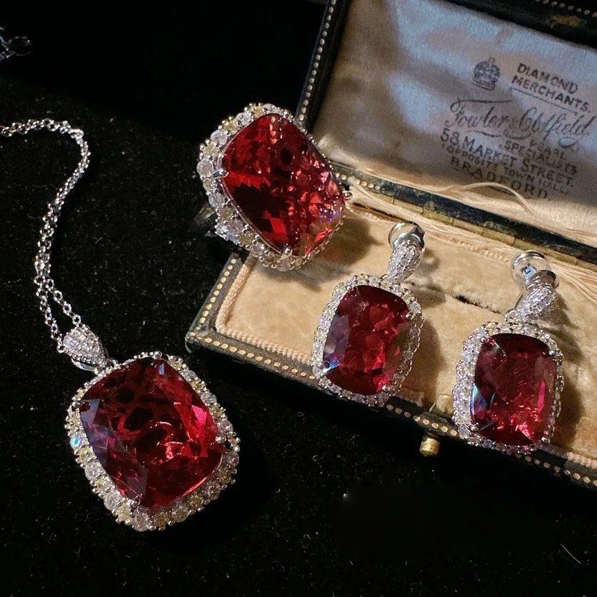 

Mahenggai Pigeon Blood Ruby Earrings with 18K Gold Plated Garnet Red Rectangular Zircon Necklace