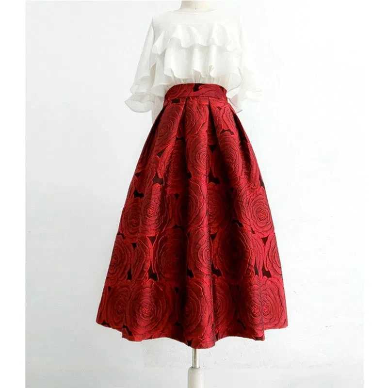 

2023 Autumn New Hepburn Safflower Vintage Elegant skirts Womens Faldas Aesthetic Jacquard High-waisted Long Midi Pleated Skirt