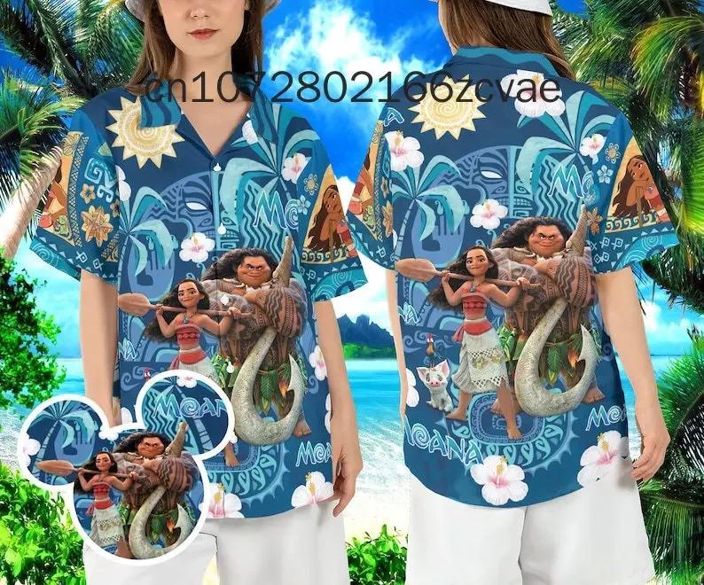 

2024 New Disney Moana Princess Hawaii Shirt Men's and Women's Button Disney Hawaiian Shirts Casual Fashion Street Shirts