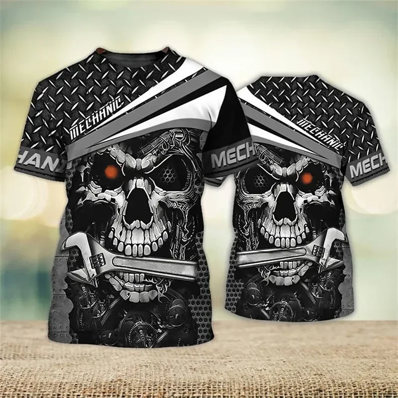 

Mechanics Maintenance Worker Uniform 3D Skull Print T-shirt Casual O-neck Short Sleeve Tops Gothic Harajuku Oversized Men's Tees