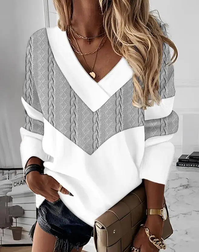 

Fashion Woman Blouse 2023 Spring Long Sleeve V-Neck Cable Textured Casual Plain Daily Basics Pullover Tee Top Y2K Clothes