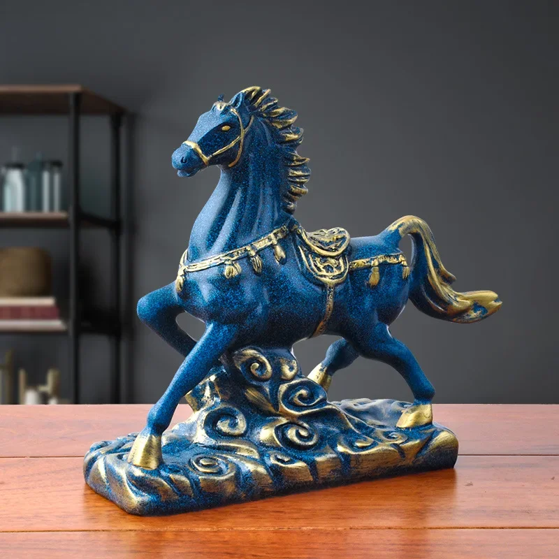 

Imitation Copper Resin Blue Horse Wins Instant Success Living Room Office Desktop Home Decoration Brings Luck Festivals Gifts