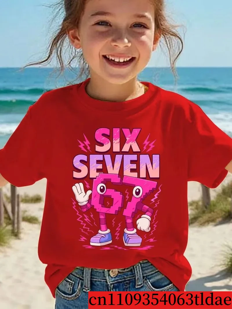 تي شيرت صيفي عصري للفتيات بأكمام قصيرة للأطفال، مطبوع عليه رقم ستة وسبعة باللون الوردي، بنمط رسوم كرتونية تلفزيونية، قميص علوي كاجوال متعدد الاستخدامات تي شيرت صيفي عصري للفتيات بأكمام قصيرة للأطفال، مطبوع عليه رقم ستة وسبعة باللون الوردي، بنمط رسوم كرتونية تلفزيونية، قميص علوي كاجوال متعدد الاستخدامات