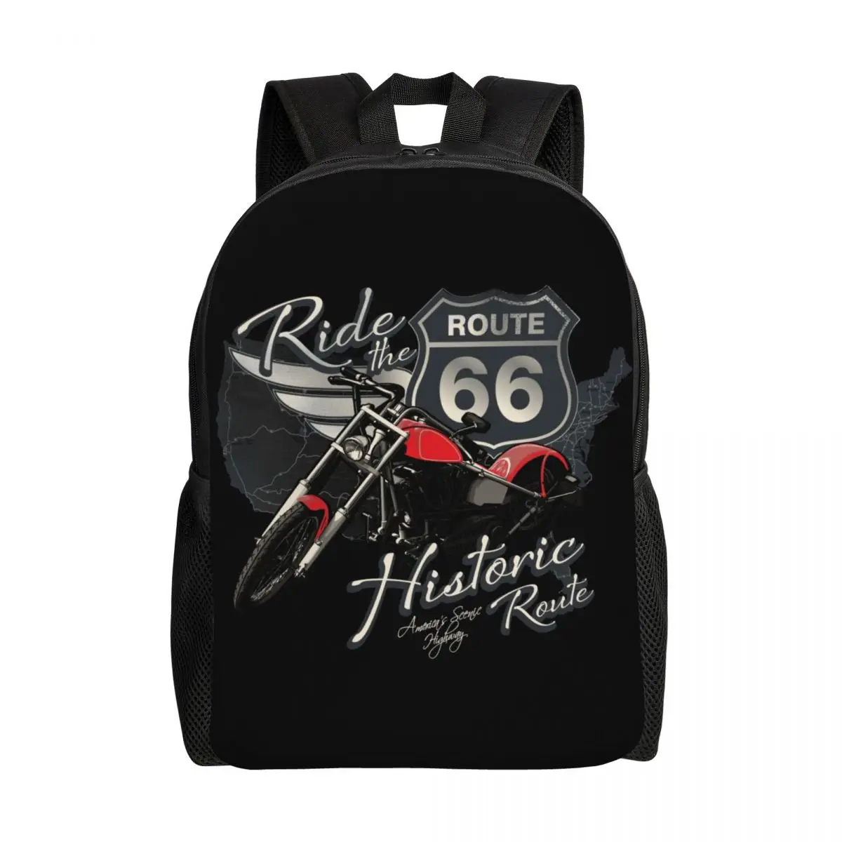 

Travel Motorcycle Ride The Historic Route 66 Backpacks Water Resistant School College USA America Highway Bag Printing Bookbags