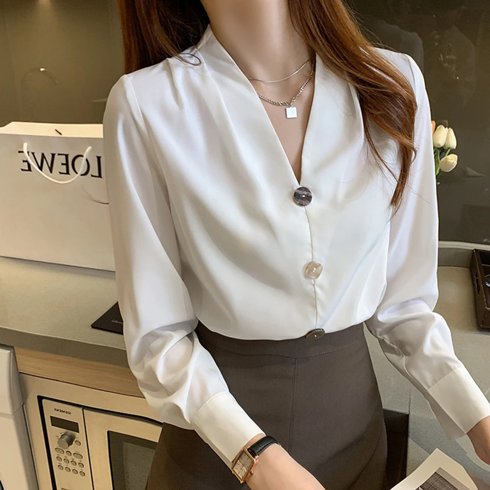 

Женская Однотонная рубашка, элегантный однобортный Топ из гладкой ткани с V-образным вырезом и длинными рукавами, дизайнерский офисный Топ на пуговицах для весны и лета