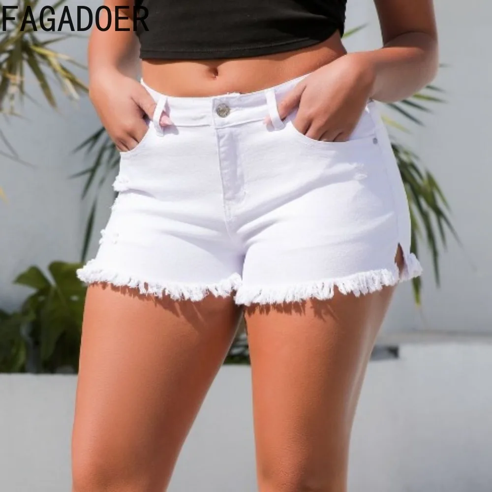 

FAGADOER Vintage Blue Casual Rope Slim Denim Shorts Women High Waisted Button Pocket Slim Jean Fashion Cowboy Tassels Bottoms