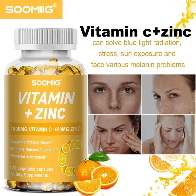 

Vitamin C 1000mg with Zinc 20mg Capsules for Support Cellular Energy Production & Collagen Formation Body System Supplemen