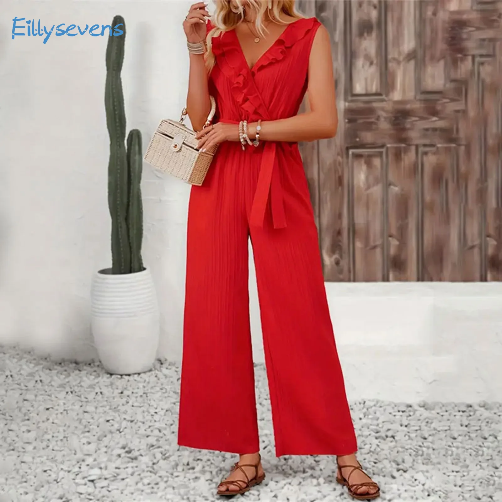 

Summer Women'S Jumpsuits Fashion Trend Ruffled Sleeveless V-Neck Belt Wide Leg Straight Rompers Daily Casual Vacation Jumpsuits