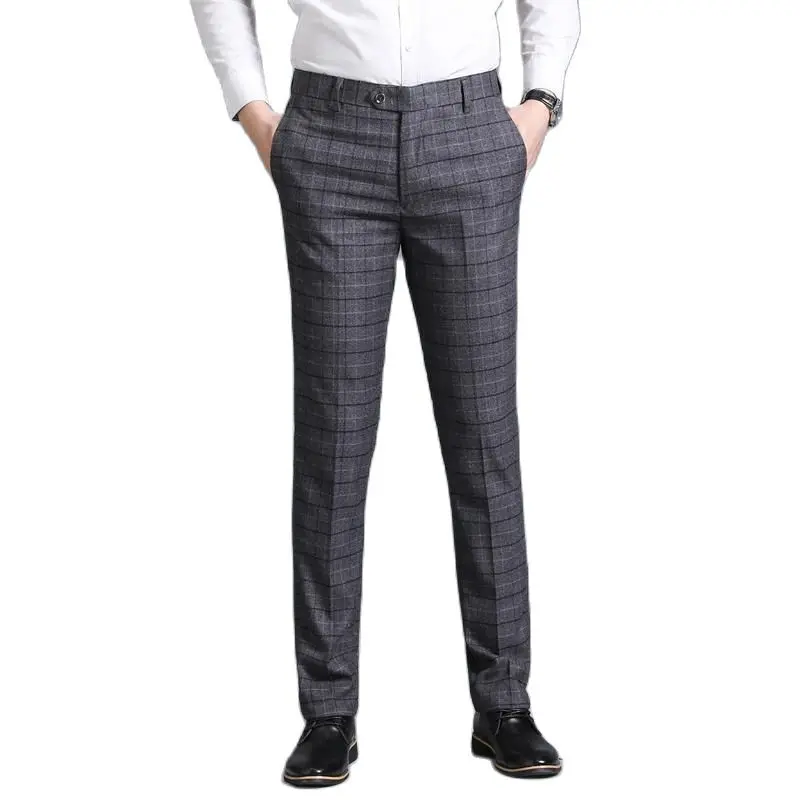 

29-38 Zipper Fly Checked Suit Pants Men Fashion Steetwear Business Pocket Side Casual Trousers Formal Office Clothing