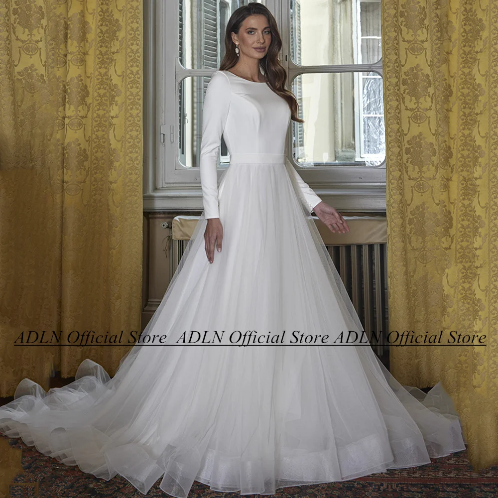 

Simple New Wedding Dress for Woman Bride 2024 Long Sleeves Scoop Neck Tulle A Line Sweep Train Muslim Bridal Gown Robe Mariee