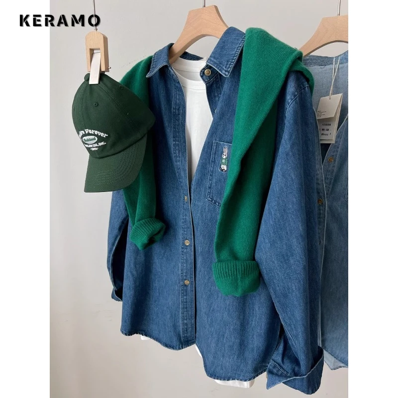 2024 Spring Korean Vintage Style Slim Casual Turn-down Collar Denim Shirt Women Street Style Blue Y2K Loose Cartoon Blouse
2024 Spring Korean Vintage Style Slim Casual Turn-down Collar Denim Shirt Women Street Style Blue Y2K Loose Cartoon Blouse
