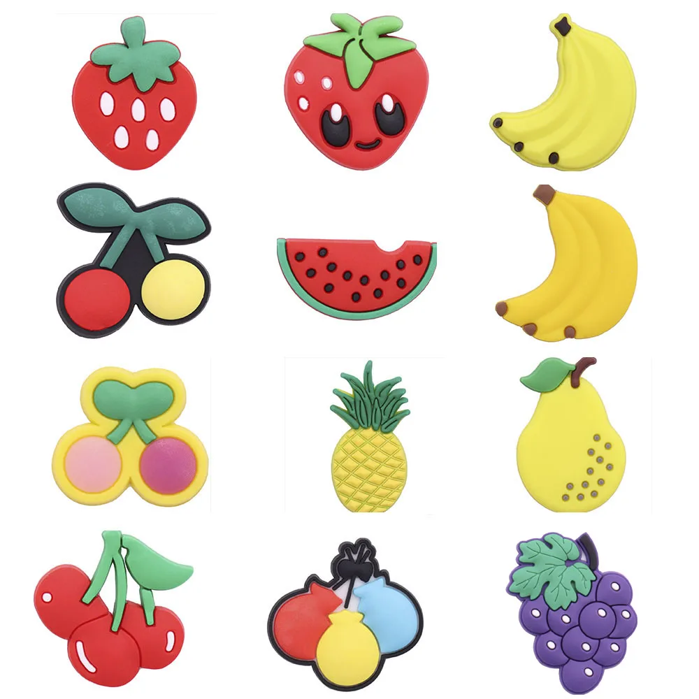 

Hot Sale 1pcs Shoe Charms Pear Grape Watermelon Strawberry PVC Garden Shoe Buckles Decoration Fit Croc Jibz Kids X-max Gift